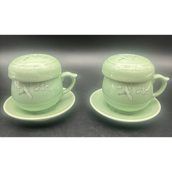 VTG Korean Celadon Soft Green Glaze Flying Crane Tea Cup Set Service For 2 - Picture 1 of 16